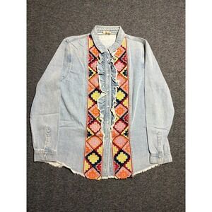 Layerz Shirt Womens Medium Blue Geometric Denim Embroidered Ruffled Front Frayed